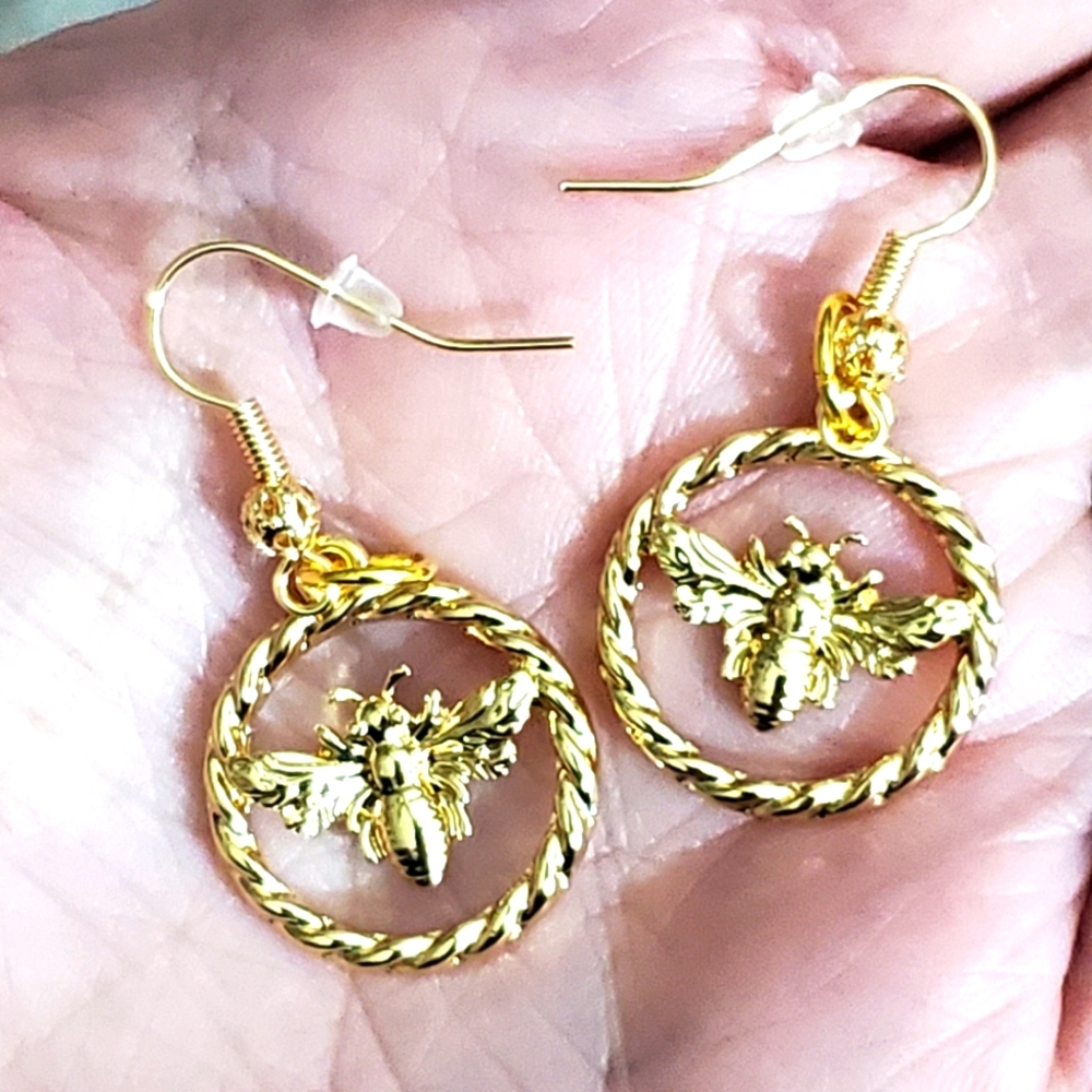 18k gold bee earrings braided decorative hooks bee's insect handmade plated